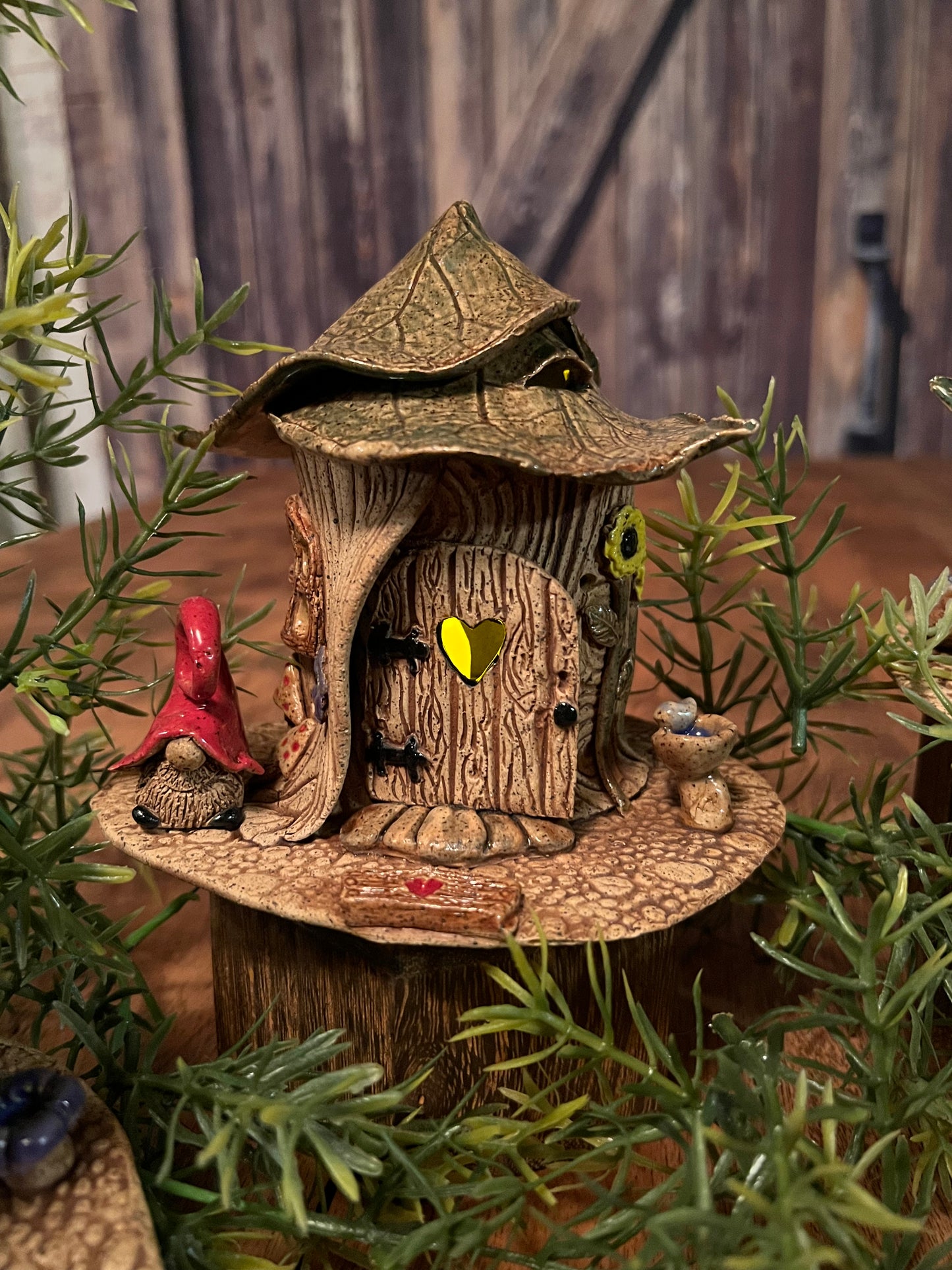 Gnome Home Luminary ~ “Mushrooms 🤎 Birdbath” ~ miniature 4.5”