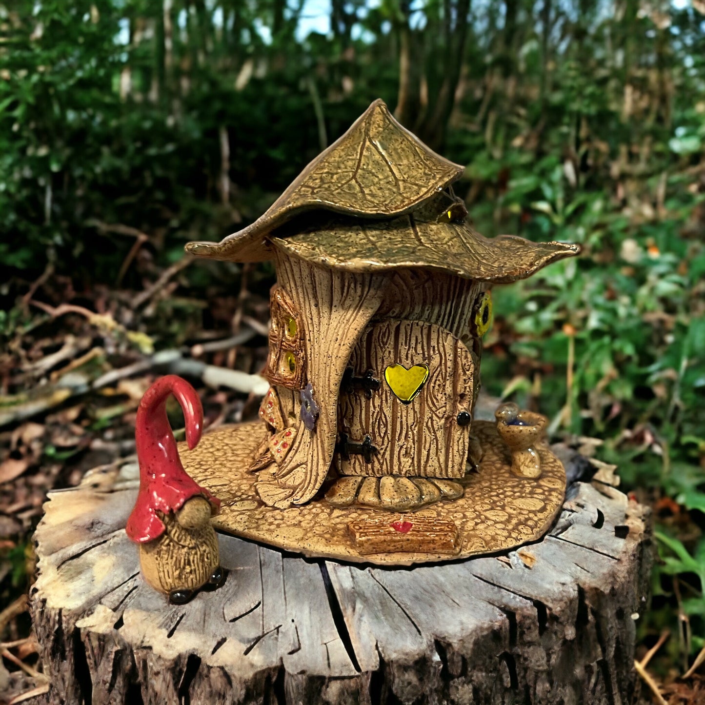 Gnome Home Luminary ~ “Mushrooms 🤎 Birdbath” ~ miniature 4.5”