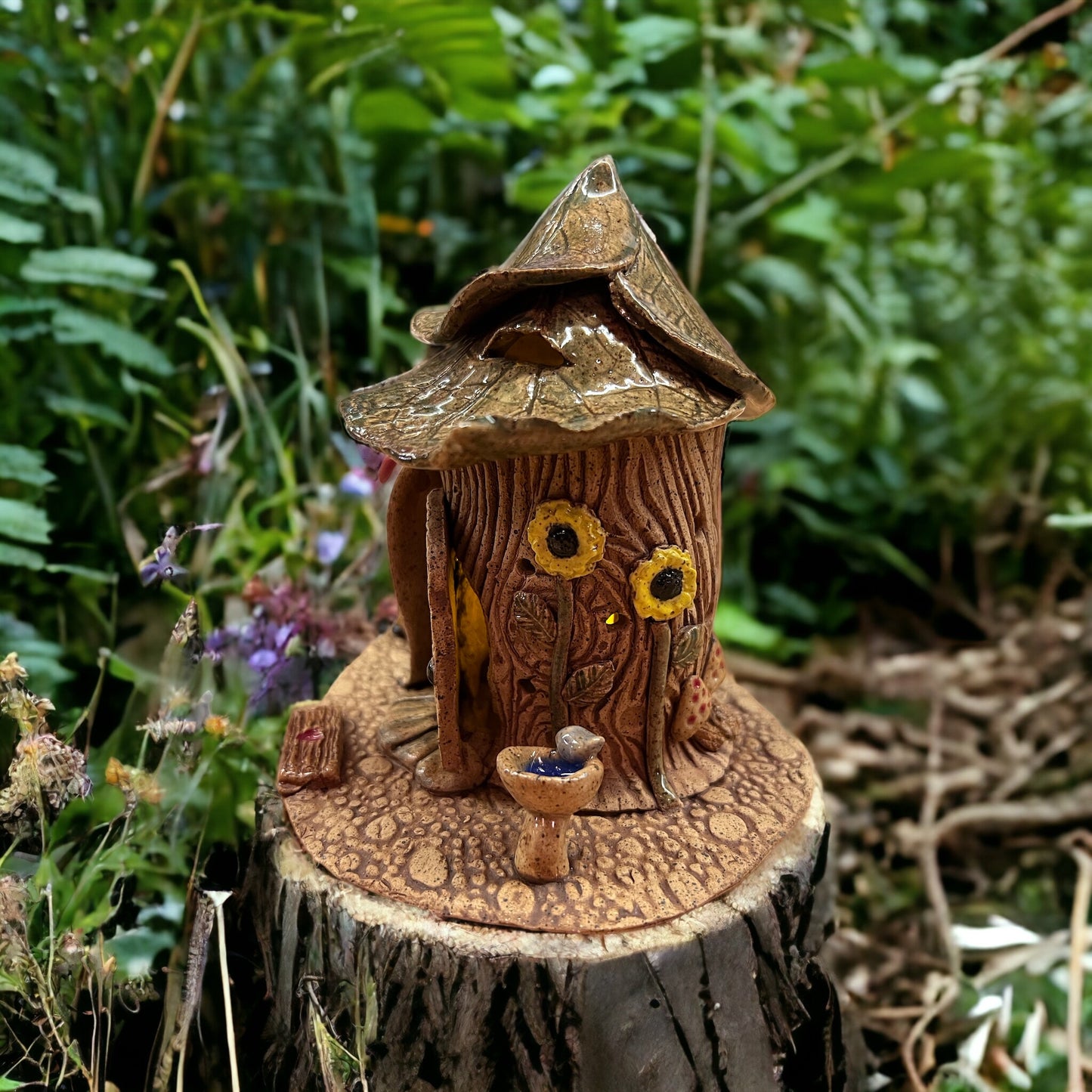 Gnome Home Luminary ~ “Mushrooms 🤎 Birdbath” ~ miniature 4.5”