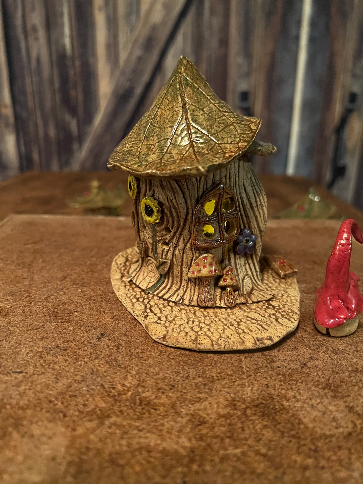 Gnome Home Luminary ~ “Mushrooms 🤎 Birdbath” ~ miniature 4.5”