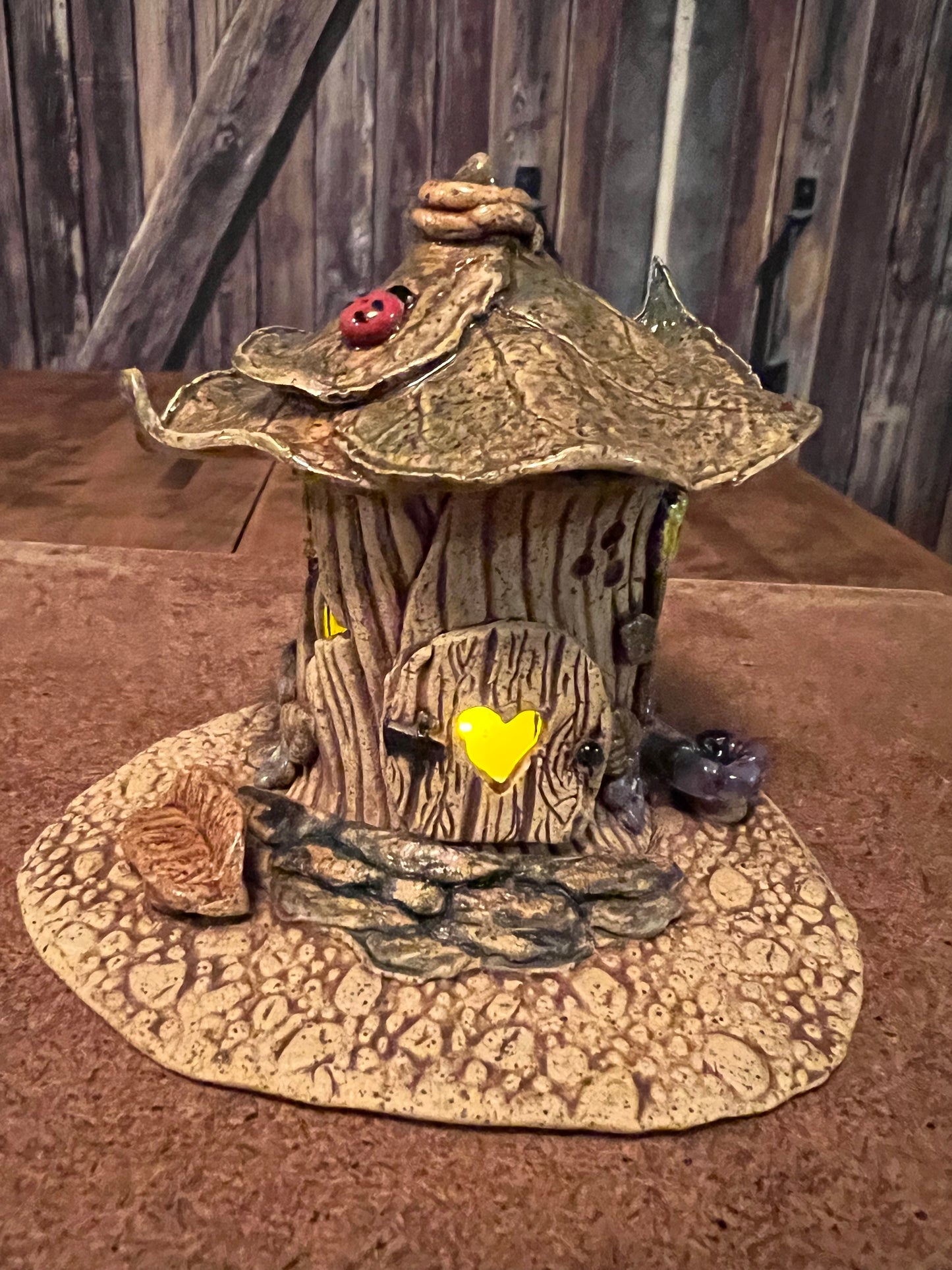 Gnome Home Luminary - “Ladybug Bench & Bird Bath” - miniature 4”