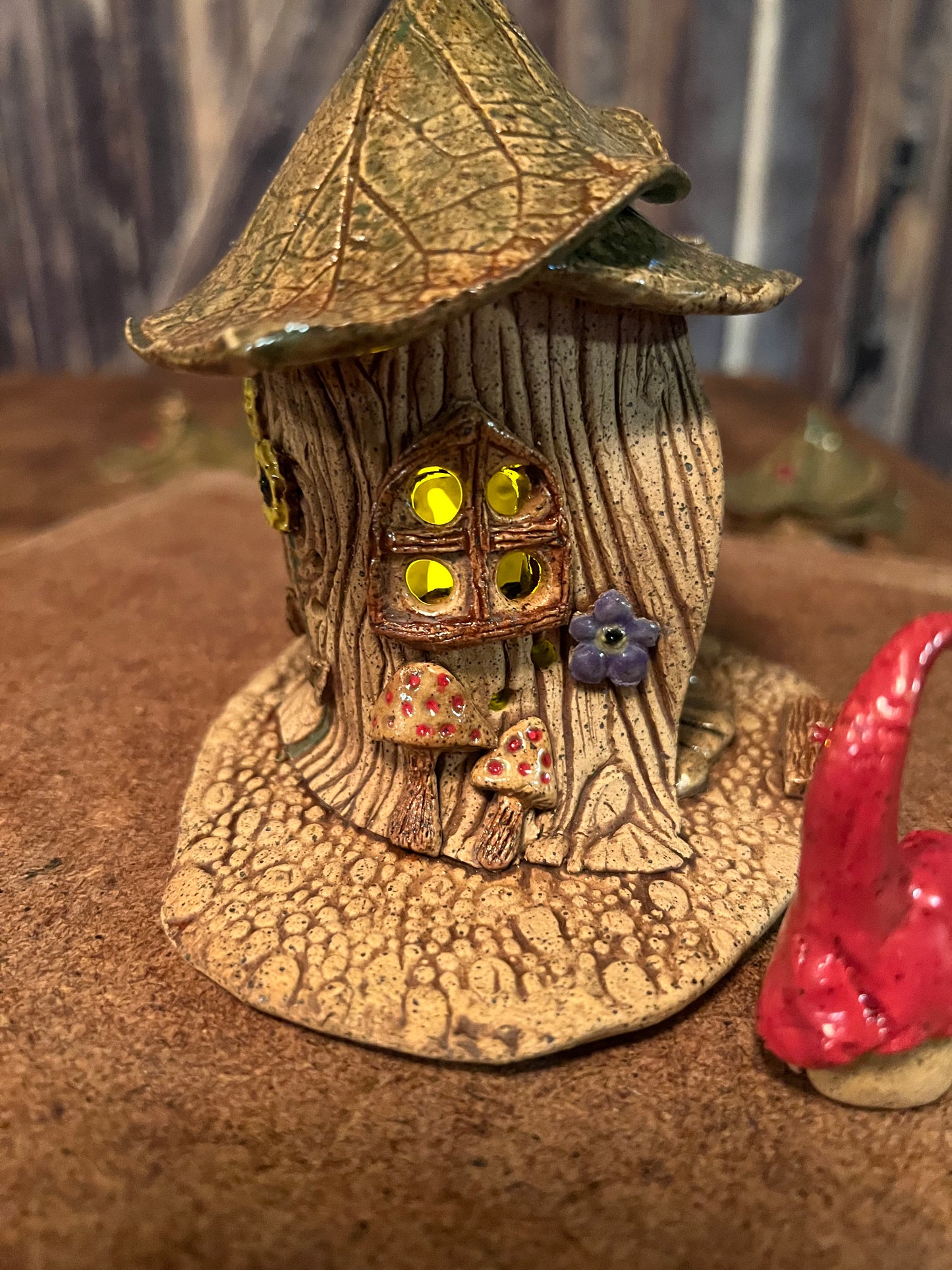 Gnome Home Luminary ~ “Mushrooms 🤎 Birdbath” ~ miniature 4.5”